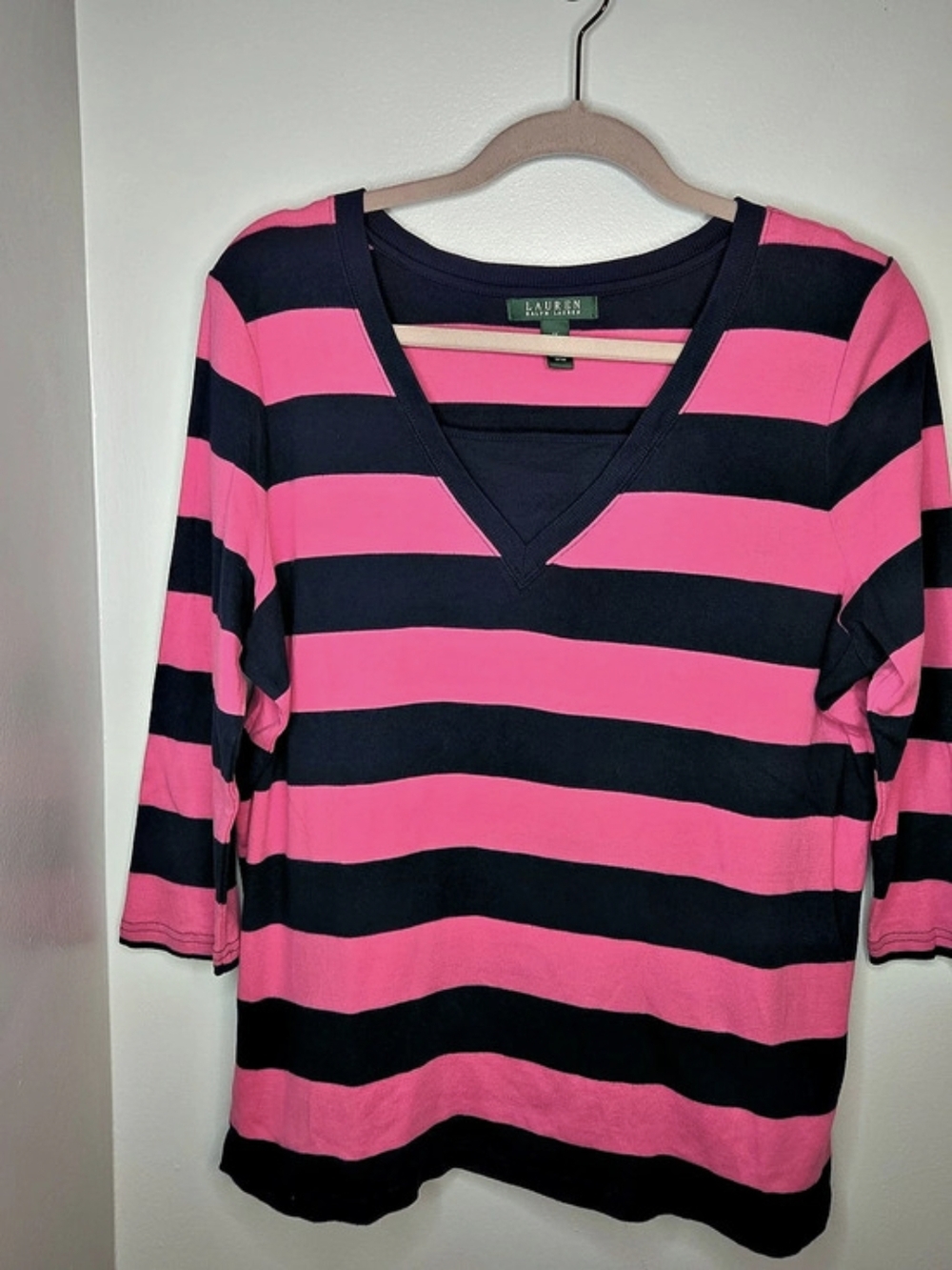 Lauren Ralph Lauren Striped V-Neck Cotton Top in Pink & Blue Size 1X